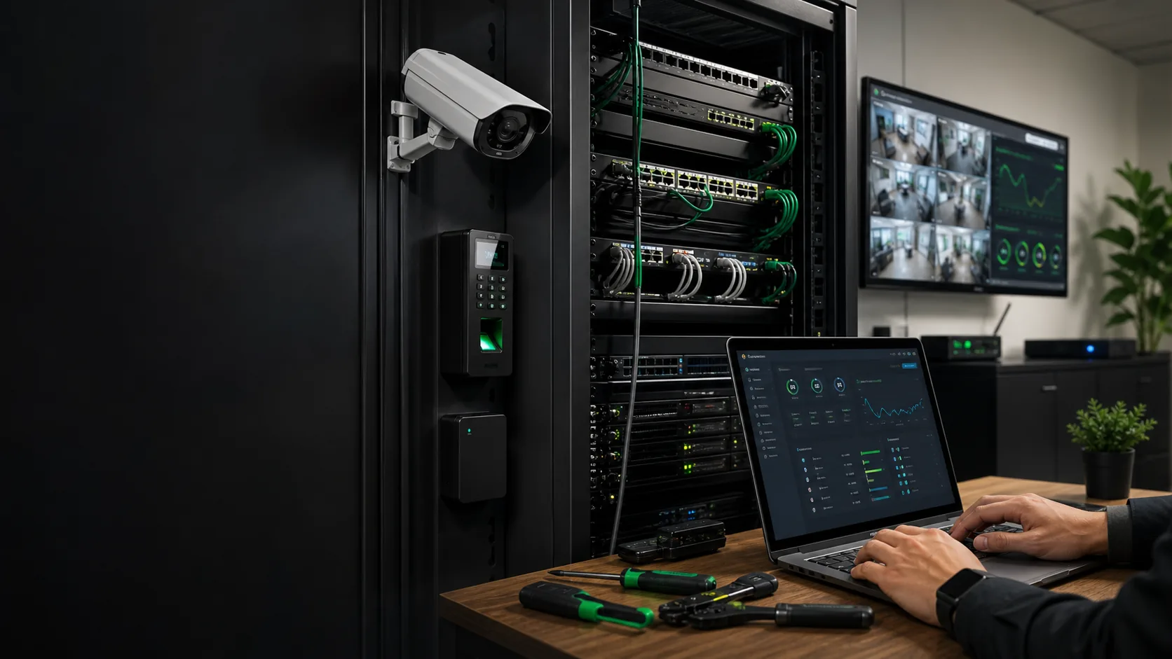 Infraestrutura de rede, câmera, controle de acesso e monitoramento técnico